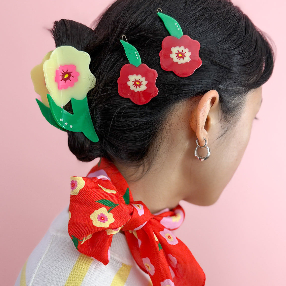 Centinelle Cat Garden Gnome, Floral Hair claws, hair clips and bandana